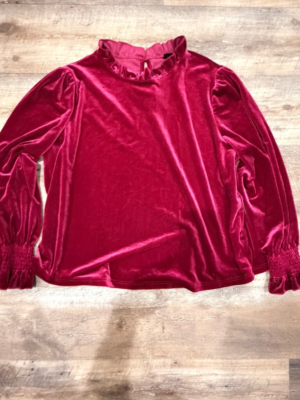 SHEIN Wine Velvet Ruffle-Neck Long Sleeve Blouse